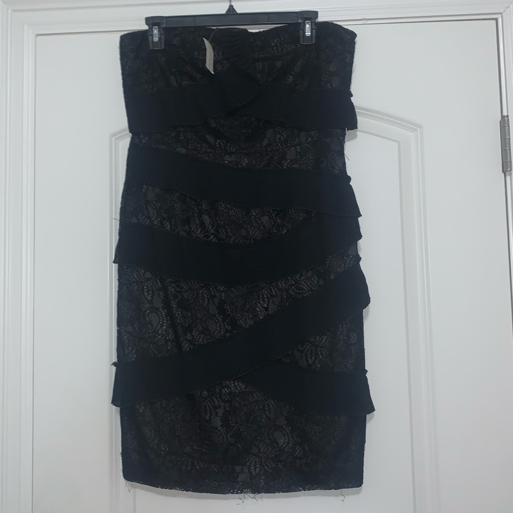 Black lace & ruffle strapless dress